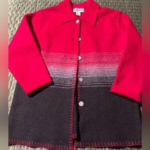 Lisa International 100% boiled wool red black ombre sweater jacket vintage large